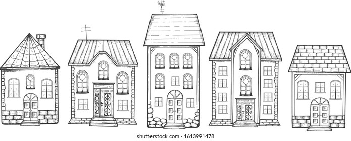 Vector illustration of buildings set. Landscape elements front side view. Brick sweet sugar homes. Street with trees and lanterns. Detailed cottage houses. Vintage hand drawn style.