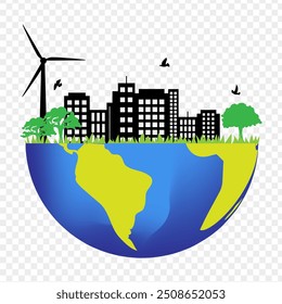 Vector illustration of buildings silhouette on earth with trees and windmill on transparent background