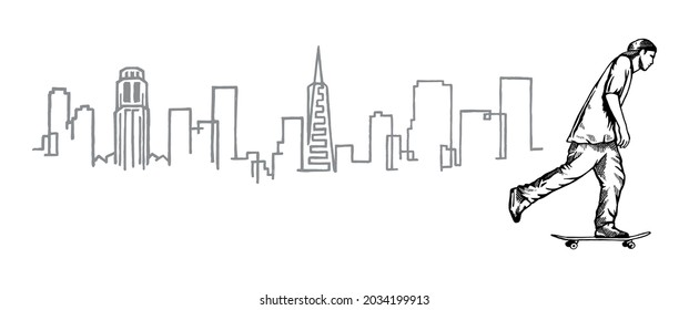 Vector illustration of buildings and skateboarder silhouette. Art in rustic and laid-back lines.