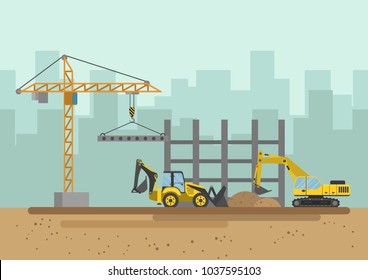 Vector illustration. Buildings and special equipment on the construction site.