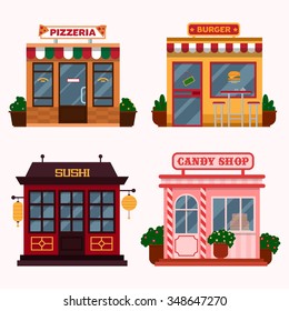 Vector illustration of  buildings that are restaurants, cafe, fast food. Italian pizzeria, american burger shop, Japanese sushi, candy shop