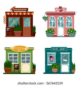 Vector illustration of buildings that are shops for services. Set of nice flat shops. Different Showcases - Beauty salon, Barbershop, massage spa, travel agency for making people travel.