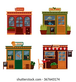 Vector illustration of buildings that are shops for buying food.  Set of nice flat shops. Different Showcases - Wine, tea shop beer bars, coffee shops with menu.