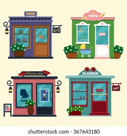 Vector illustration of buildings that are shops for buying presents. Set of nice flat shops. Different Showcases - selling bags, toys for presents, beauty shop, glasses. Discount sales.