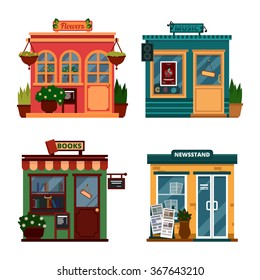 Vector illustration of buildings that are shops for buying decorations and leisure accessories. Set of nice flat shops. Different Showcases - Flowers, music, books, newsstand with sound box.