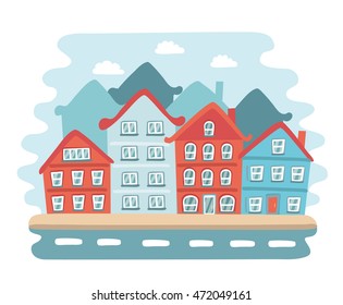 Vector illustration of buildings in a town. Cartoon landscape