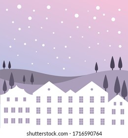 Vector illustration of buildings, valleys and trees in cool weather.