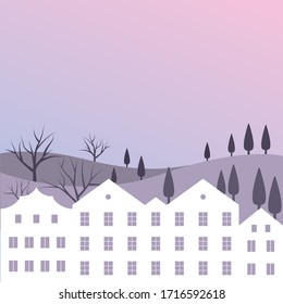 Vector illustration of buildings, valleys and trees in cool weather