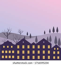 
Vector illustration of buildings, valleys and trees at night. Beautiful scenery.