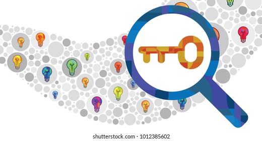 vector illustration of bulb and ideas and magnifier for key answers and solutions research strategy