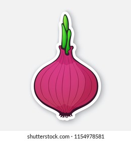 Vector illustration. Bulb of red onion with green sprout. Healthy vegetarian food. Ingredient for salad. Decoration for signboards, menus. Sticker with contour. Isolated on white background