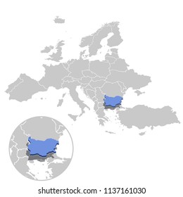 Vector illustration of Bulgaria in blue on the grey model of Europe map with zooming replica of country.
