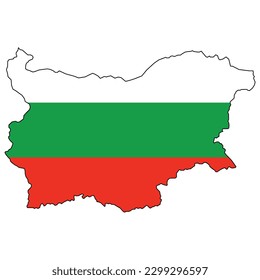 Vector illustration of Bulgaria map overlaid with the national flag, highlighting the country's geographic outline combined with its national colors.