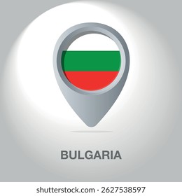 Vector illustration of the Bulgarian flag inside the pin icon on the map. A symbolic location marker with the national colors of Bulgaria on a white background.