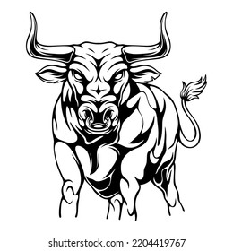 vector illustration The bull is in an angry position and is ready to run after its prey black and white design