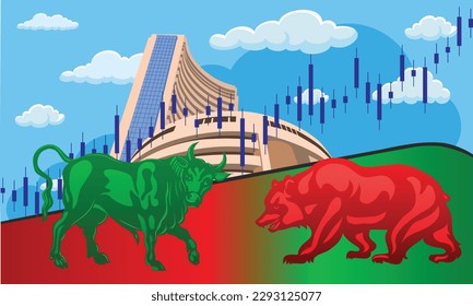 Vector illustration of Bull and bear with the background of the stock exchange.
