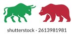 Vector illustration of a bull and bear silhouette facing each other, symbolizing stock market trends. Perfect for financial, investment, and trading-related content and designs. icons, vector.