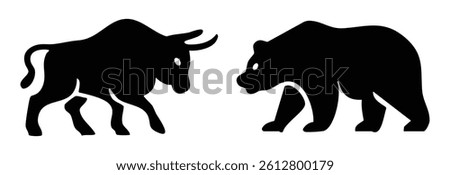  Vector illustration of a bull and bear silhouette facing each other, symbolizing stock market trends. Perfect for financial, investment, and trading-related content and designs.
