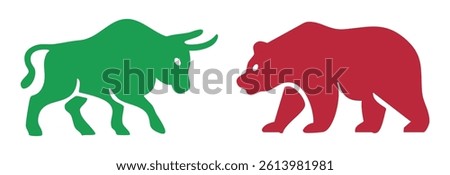 Vector illustration of a bull and bear silhouette facing each other, symbolizing stock market trends. Perfect for financial, investment, and trading-related content and designs. icons, vector.