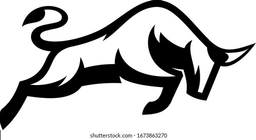 Vector illustration of a bull in black and white color isolated against a white background. The bull attacks. Suitable for logos, signs, creative industry, multimedia, entertainment, education, shops 