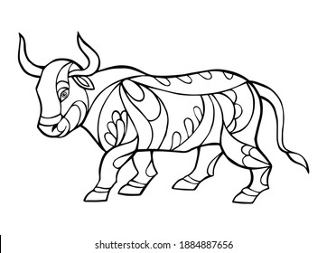 Vector Illustration of bull. Black and white vector illustration for coloring book. Beautiful drawings with patterns and small details. 