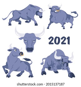 Vector illustration of a bull in different poses.