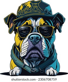 vector illustration of a bull dog dressed in hipster style, with hat, cap, wearing sun glasses. English dog. for T-shirt design, tattoo, poster, sticker