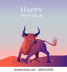 Vector illustration of a bull in a gradient fill style in motion. Symbol of the year according to the Chinese calendar, new year card, banner, for business