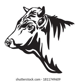 Vector illustration of bull head in black color isolated on white background. Engraving template image of cow. Design element icon for poster, t shirt, emblem, logo, sign.