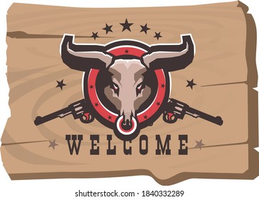 vector illustration bull head icon on wooden board, farm name or pointer