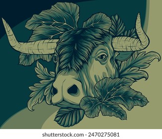 vector illustration of bull head with leaves