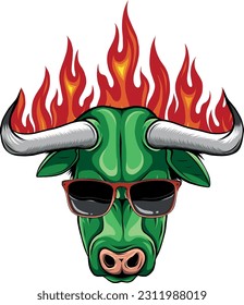 vector illustration of Bull head in sunglasses and flames