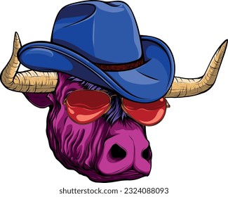 vector illustration of Bull head with sunglasses and hat