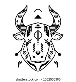 Vector Illustration. Bull Head in White Background. Unique Lineart Style