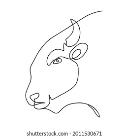 Vector illustration of a bull. Bull logo in continuous line style. Silhouette of cattle. Taurus zodiac sign. Buffalo coloring page, sketch of power tattoo. Drawing of a strong and dangerous animal.