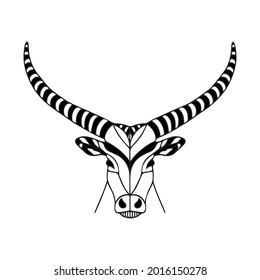 Vector illustration of a bull. Bull logo in graphic style. Silhouette of a horned animal. Tattoo sketch. Bull coloring book.