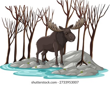 Vector illustration of a bull moose standing on rocks surrounded by leafless winter trees
