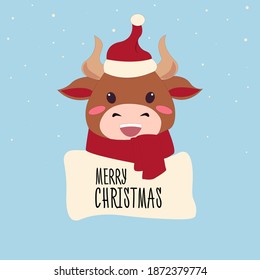 Vector illustration of bull on Christmas with gift. Bull with lettering Merry Christmas