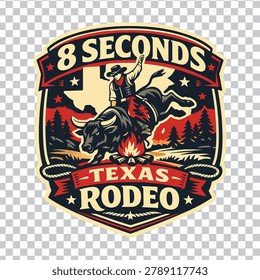 Vector illustration of a bull rider on a bucking bull with a Texas state outline, campfire, and forest background, designed as a vintage rodeo emblem.