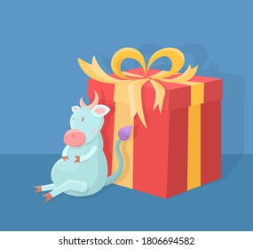 Vector illustration with a bull sitting next to a red gift box tied with a yellow ribbon. Kind illustration for the new year 2021.