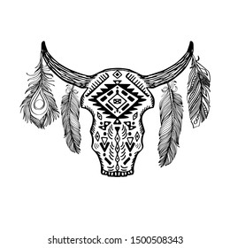 Vector illustration of a bull skull with antlers and feathers. Tribal boho pattern. Doodle element for printing on T-shirts, tattoo sketch, postcards, scrapbooking