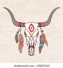 Vector illustration of bull skull with feathers