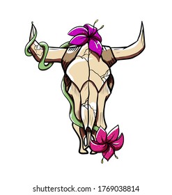 vector illustration of a bull skull with lily flowers growing on it made in hand drawn cartoon style