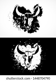 Vector illustration with bull skulls. Two variants: black and white silhouettes with grunge texture and spots. For t-shirts, posters and other your design.