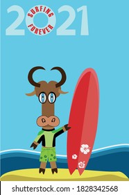 Vector illustration. Bull - surfer. The zodiac symbol of 2021.