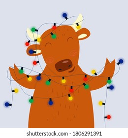 Vector illustration: bull symbol of 2021 with a garland. Merry Christmas and Happy New Year.