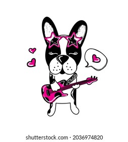 ilustración vectorial bulldog perro con gafas de corazón de guitarra estrella rock moda fondo rosa blanco aislado