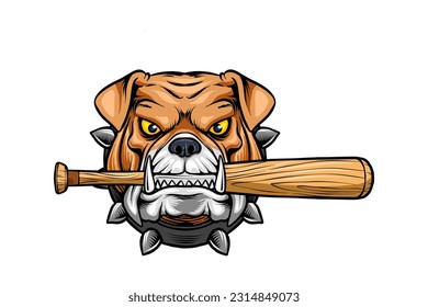 Vector illustration of a bulldog head biting a baseball bat very seriously