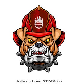 Vector illustration of a bulldog head wearing a heroic firefighter hat