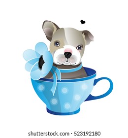 Vector illustration. Bulldog Puppy in a cup decorated with a flower anemone and ribbon.